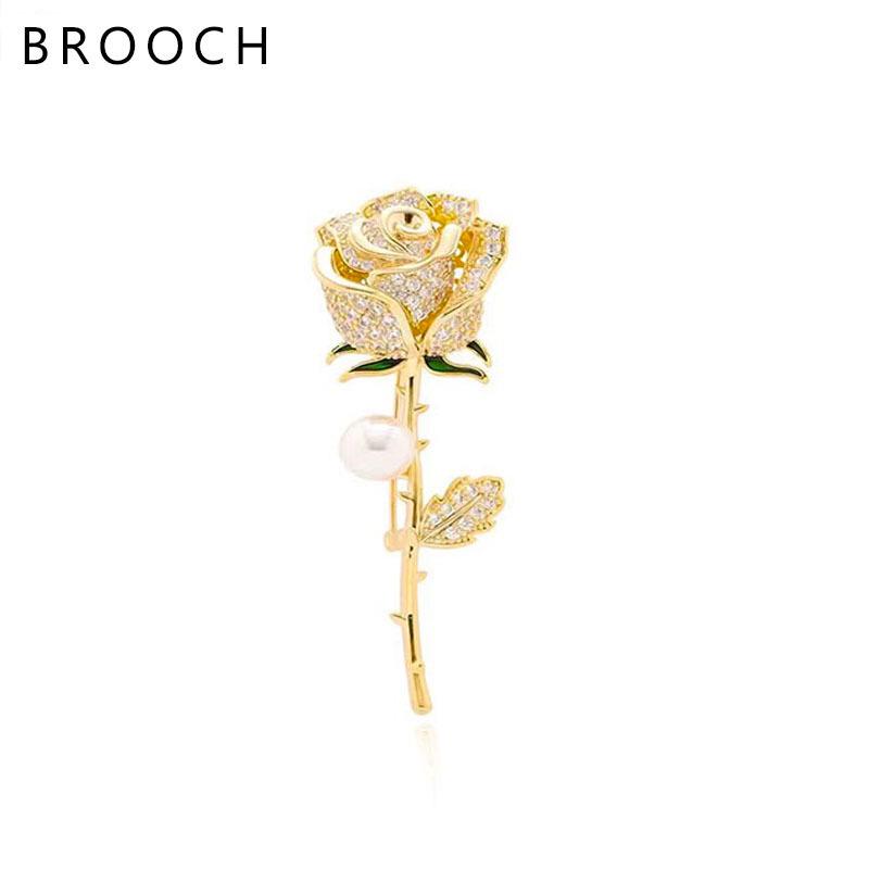 Elegant Rose Brooch with Diamonds & Pearls - Korean Style Suit Pin