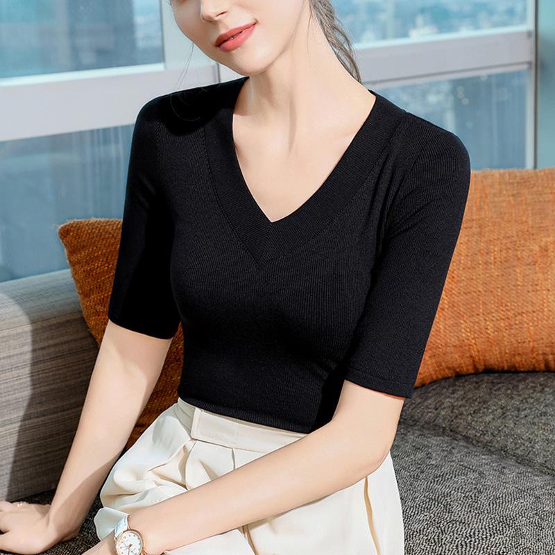 Черная футболка со средним рукавом для женщин, новый стиль женской одежды, футболка с глубоким V-образным вырезом и короткими рукавами, застегивающаяся на талию, верхняя часть из нити