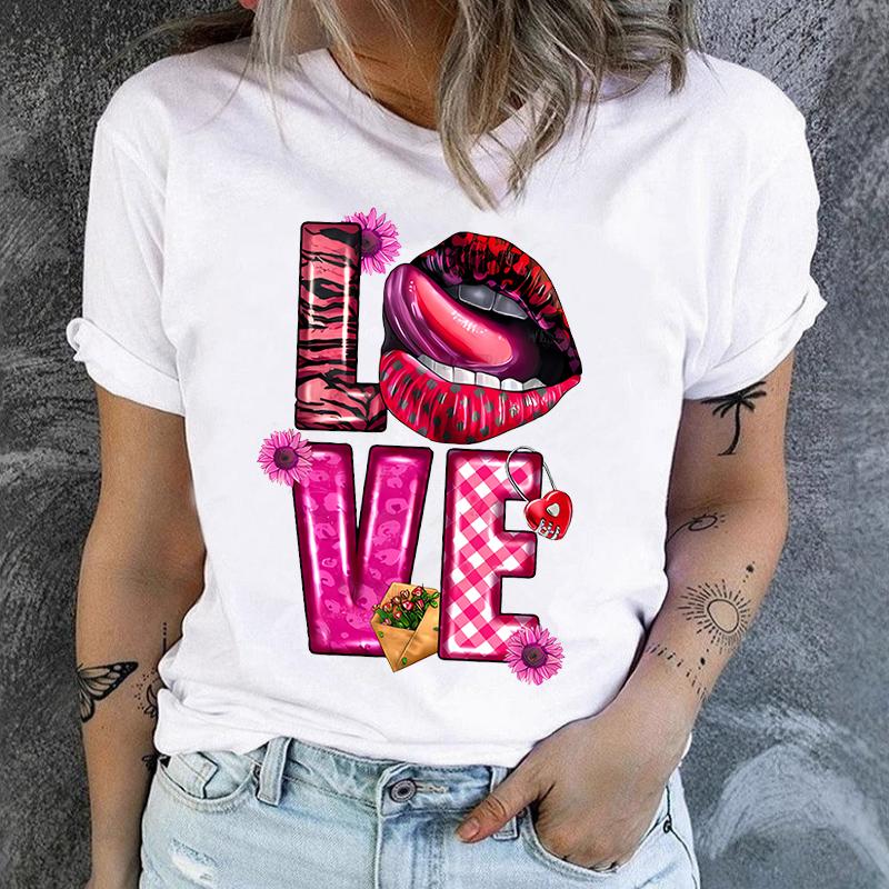 Polyester 100% Lip love men's and women's short-sleeved clothing Round neck Short Sleeve T-shirt, Knit Graphic Women Clothes Summer