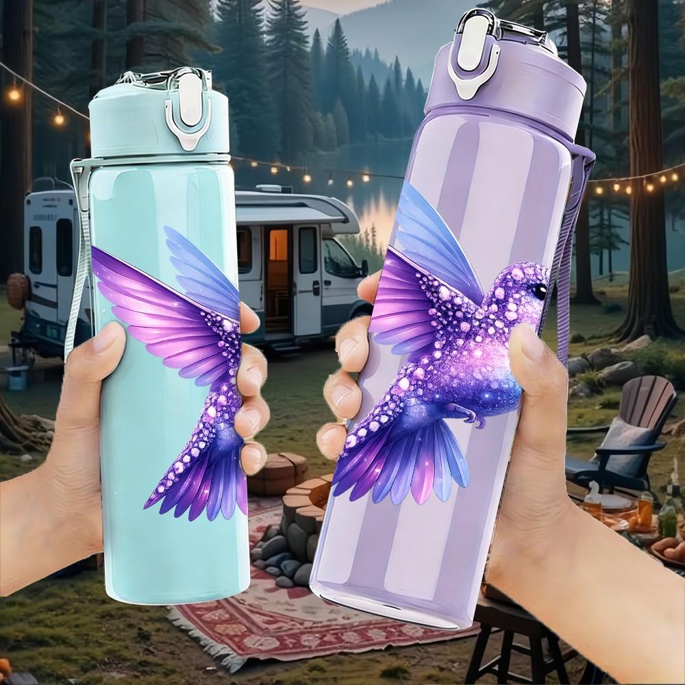 1PC Purple Hummingbird Bird Art Print 750ml Color Plastic Sports Water Bottle Leakproof Flip Straw Lid Suitable for Sports Office Home Use