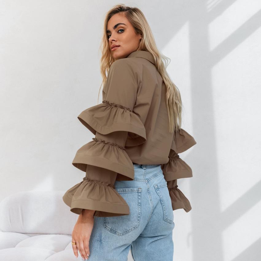 White niche design ruffle edge long-sleeved temperament women's shirt 1116 European and American new autumn fashion