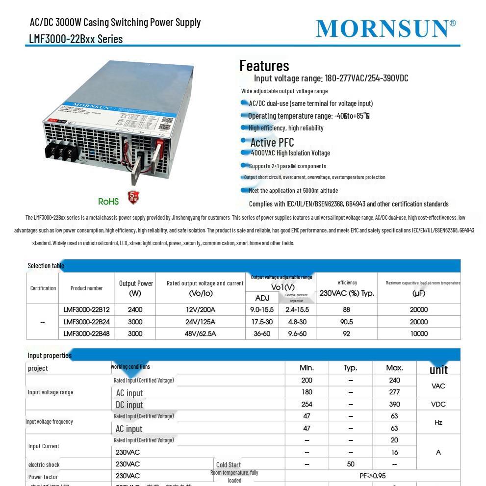 Jin Shengyang 3000W 48V Switching Power Supply, LMF3000-22B48 with Parallel Redundancy