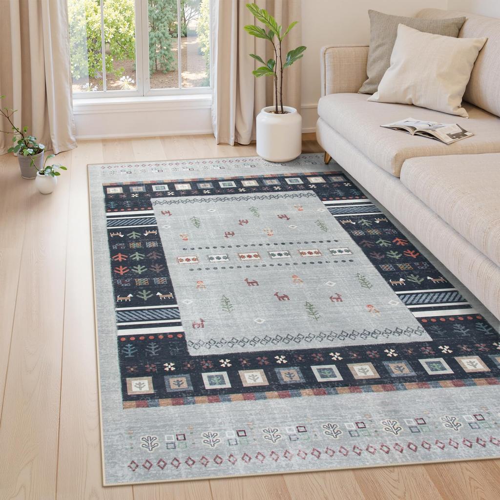 HAOCOO Washable Summer Tatami Mats Ethnic Suitable for All Floor Chenille Rug for Bedrooms and Living Odor Gabbeh Gray Rug, 1.5 (140x200cm), Style,