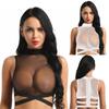 Women Sleeveless Round Neck Sheer Mesh Zipper Back Criss Cross Crop Top Shirts