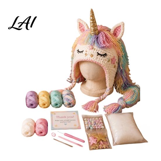 Handcrafted Warm Winter Accessory Animal Hat Crochet Kit Fantasy Hood DIY Cute Creative Holiday Gift for Craft Lovers Unicorn Fox Frog Earflap