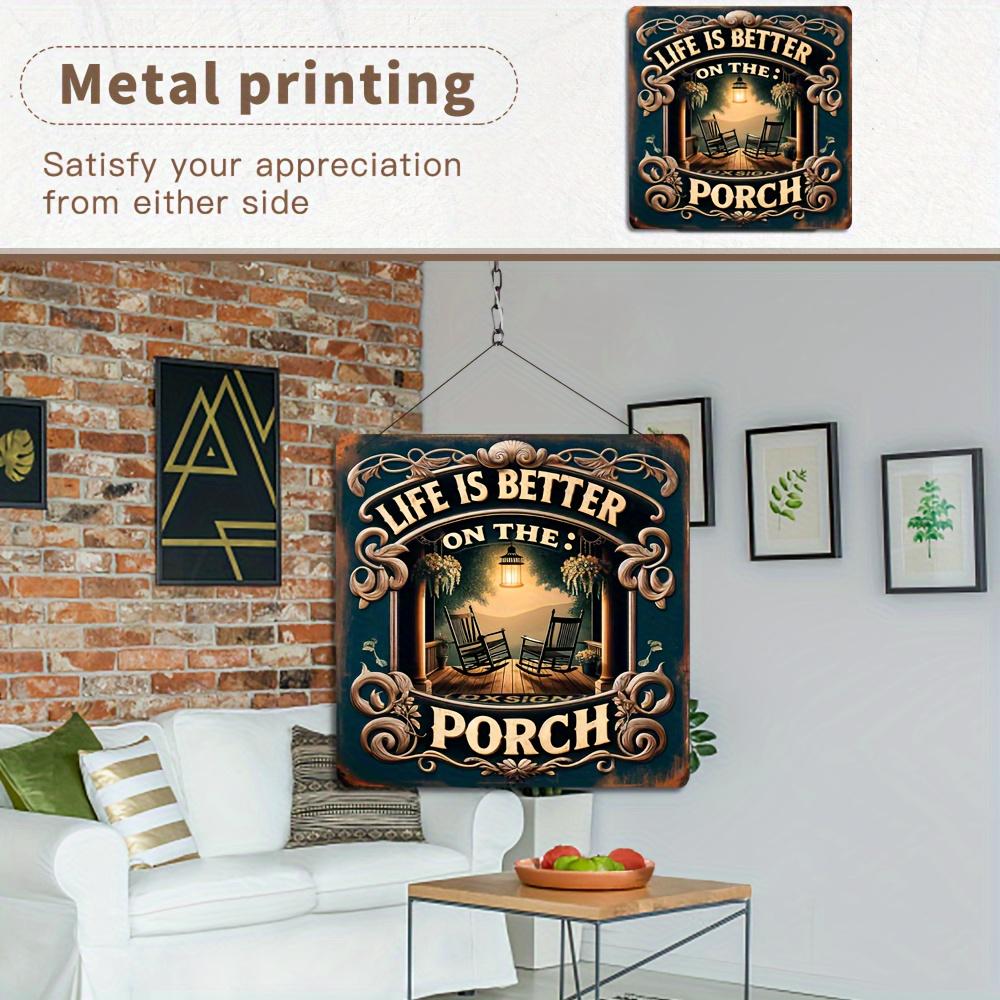 1PC Rustic Elegant Metal Tin Sign 8x8 Inches Classic Porch View Sunset and Rocking Chairs, Perfect for Home