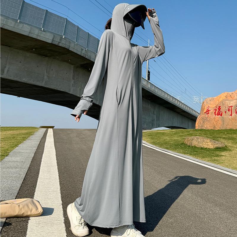 Summer 1011 New Sun Protection Shirt Women's Long Dress, Full Outdoor Breathable UV Protection Sun Protection Dress, Waist-Cinching