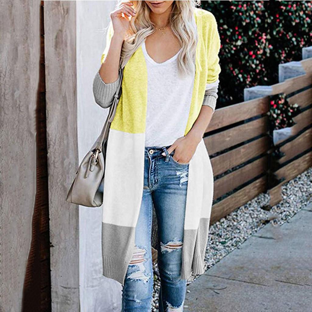 Женский многоцветный полосатый лоскутный модный кардиган с длинным рукавом