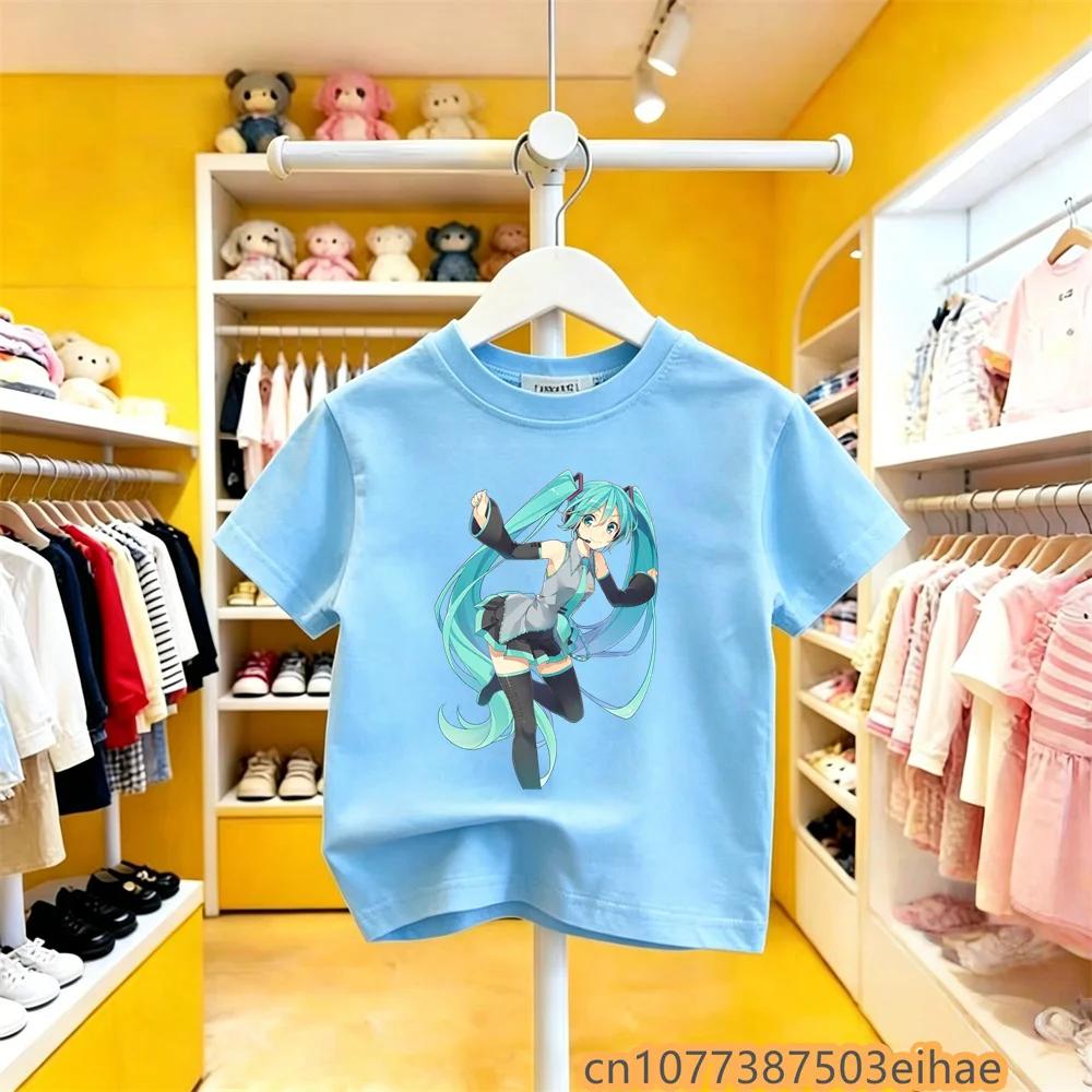Hatsune Miku Anime Future Peripheral Cartoon Printed Pure Cotton COS Collaboration Casual Tshirt Leisure Wear for Boys Girls