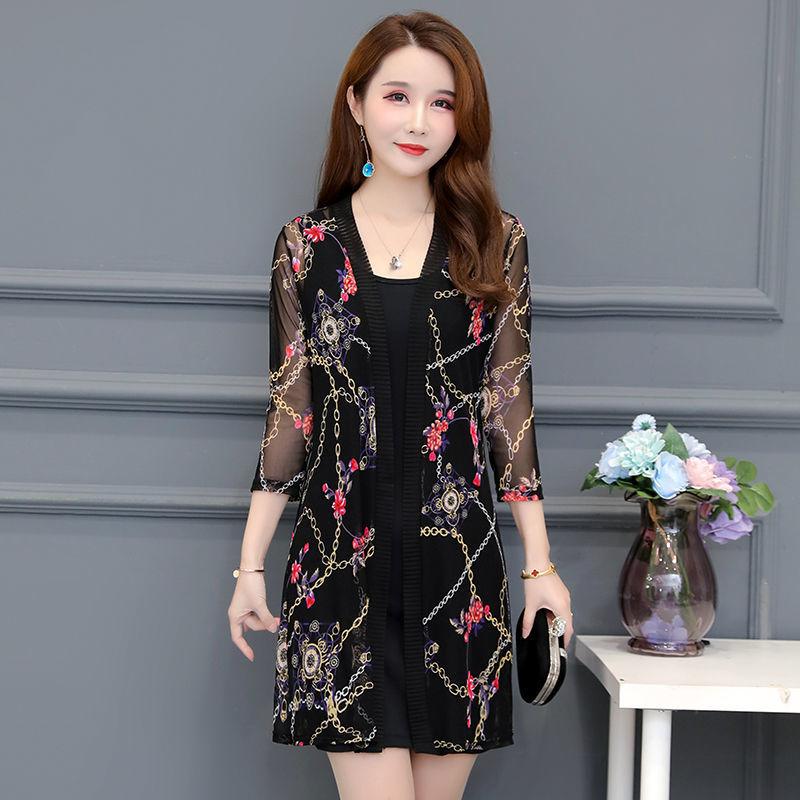 Spring and Summer Plus Size Women's Outer Lace Sunscreen Mid-length Mum Shawl Tops Comfortable and Versatile Net Yarn Cardigan Thin Coats EMA