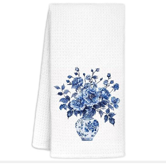 Blue and White Chinoiserie Floral Bird Tea Hand Dish Towels for Kitchen Bathroom, Chinoiserie Decor, Blue Tea Hand Dish Kitchen Towels, 16x24