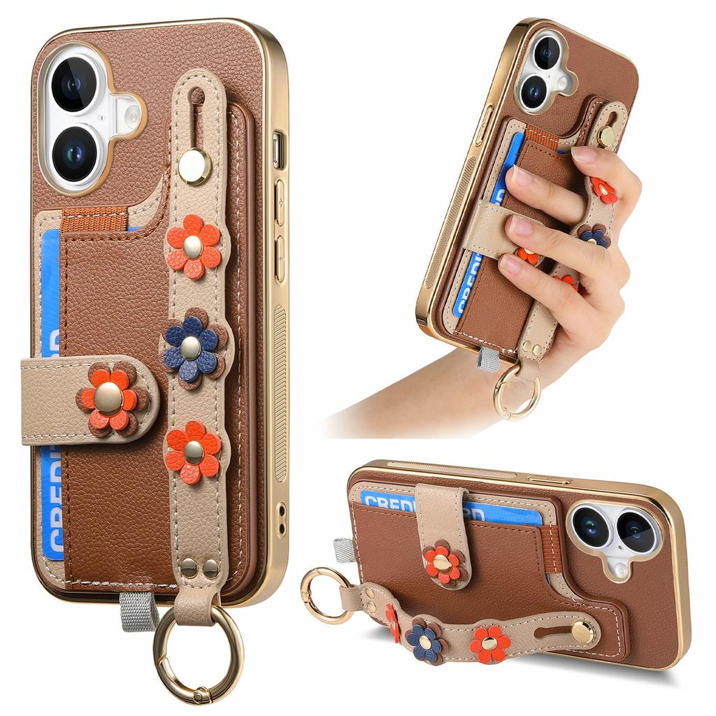 For iPhone 16 Case Card Holder Leather Back Cover 3D Flower Wristband - Purple