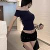 Slant off-the-shoulder pure desire royal sister fried street short-sleeved t-shirt female sexy style white slim-fitting versatile front shoulder top