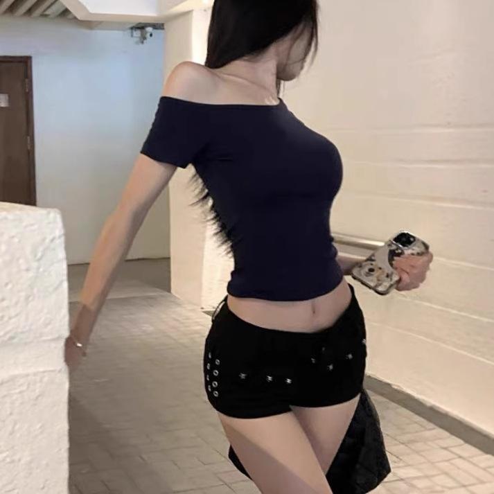 Slant off-the-shoulder pure desire royal sister fried street short-sleeved t-shirt female sexy style white slim-fitting versatile front shoulder top