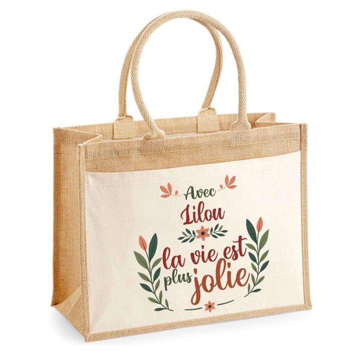 Sac cabas - PLANETEE - jute avec poche Lilou la vie est plus jolie - Jute naturel - 43x33 cm - Anses bandoulière