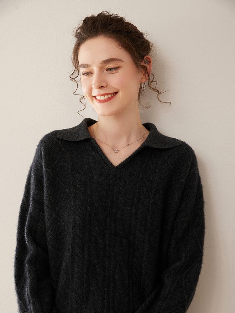 Women's Thick Three-Strand Twisted Cashmere Knit Sweater, Long Sleeve, Polo Collar, Loose Fit, Soft & Skin-Friendly.