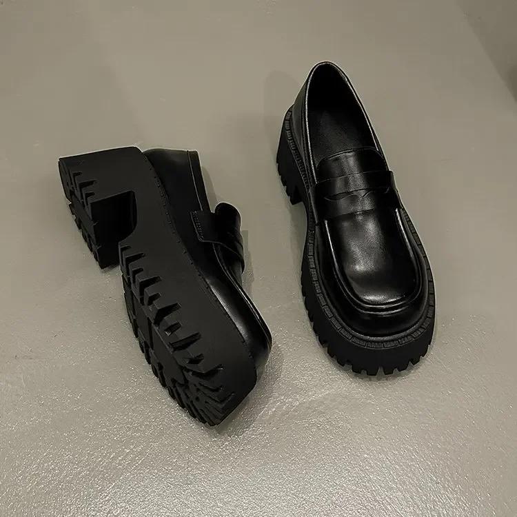 Women Loafers Thick High Heel Shoes Pu Leather Platform British Female Pumps Heightening Brown Slip On Design Punk Lolita Shoes