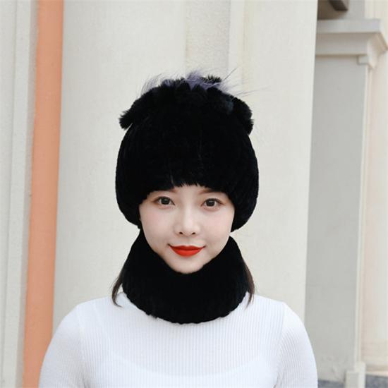 Knitted Women Warm Rex Rabbit Fur Hat Scarf Sets Winter Natural Rex Rabbit Fur Cap Scarves Russia Lady Fur Hats Muffler 2 Pieces