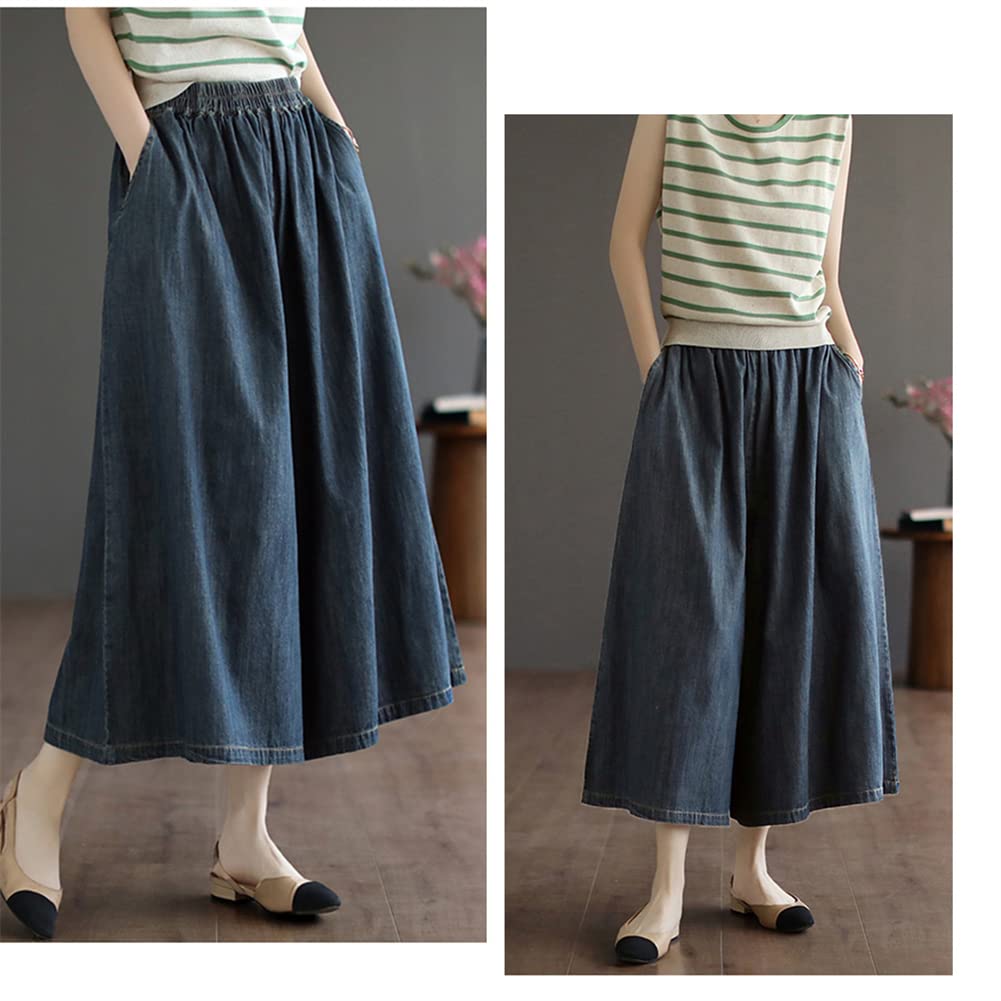 BEIBANG Denim Gaucho Pants with Elastic Cropped Casual Simple Plus Summer 24 Dark Women's Wide-Leg Waist, Pants, Bottoms, Style, Sizes, (Size Blue)