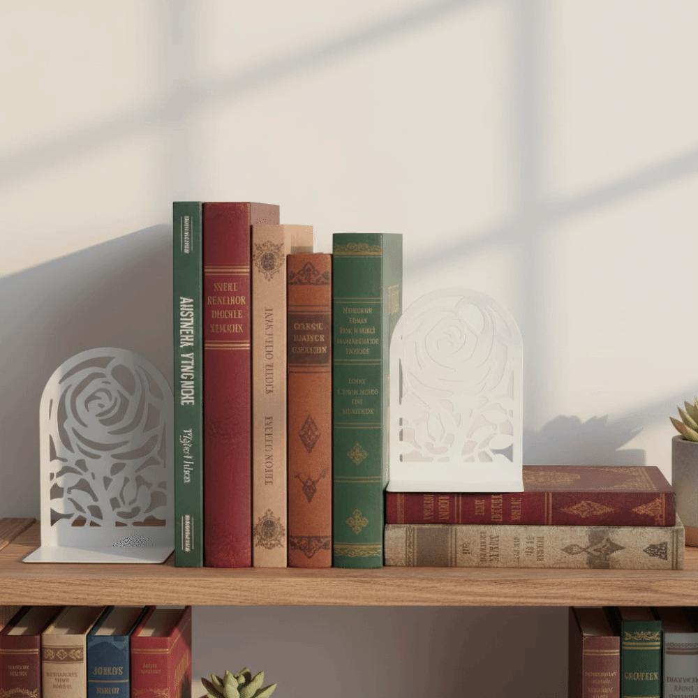 2Pcs Metal Rose Bookends Hollow Design Book Stoppers Durable Book Supports Study Room