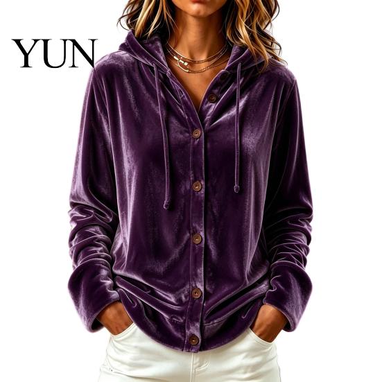 Women Velvet Coat Button Front Hoodie, Long Sleeve Hooded Jacket, Winter Hoodie Loose Fit Casual Drawstring for Autumn Apparel