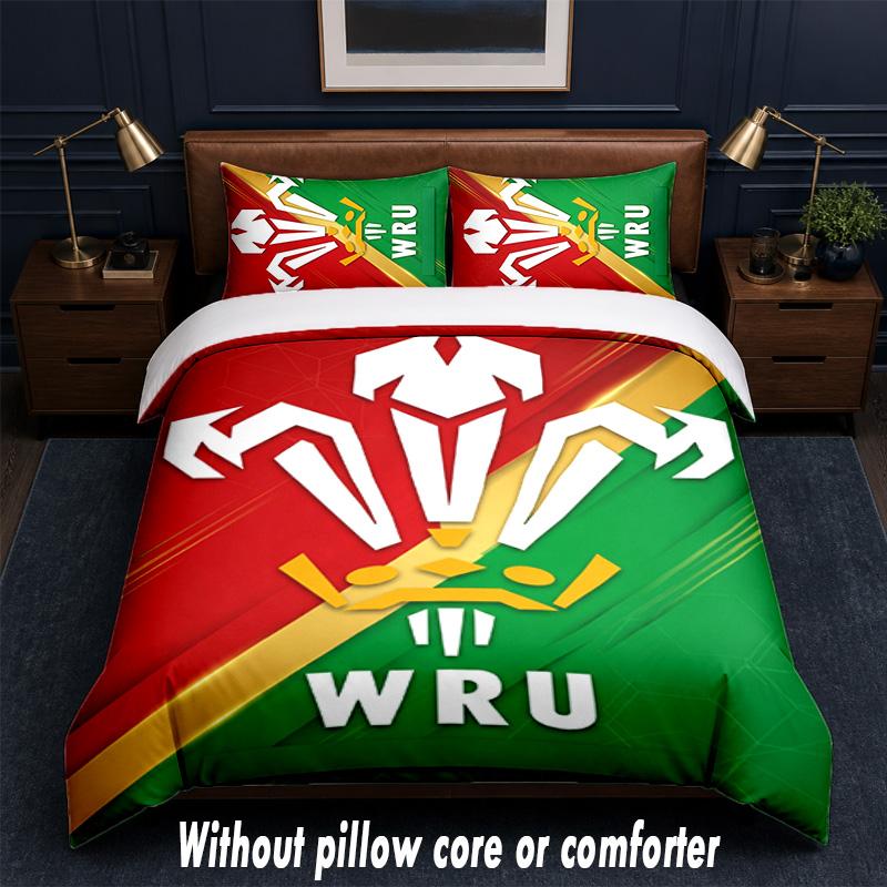 Wales Rugby Design Bed Bedding Set 1 Duvet Cover + 2 Pillowcases Soft Breathable Household Bed Linens