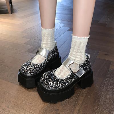 Модные 8 см Блестящие Кожаные Туфли на Массивном Каблуке Весна Лето Ботильоны Мэри Джейн Массивный Каблук Комфорт Платформа Женская Обувь