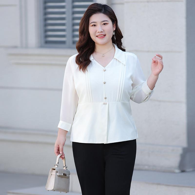 Chiffon Top Plsize Women's Clothing Loose and Elegant Shirt Spring and Summer Semi-open Collar Short-sleeved Shirt
