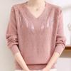 Весенне-осенний женский свитер с V-образным вырезом, свободный пуловер со стразами, вязаный топ, однотонный свитер большого размера