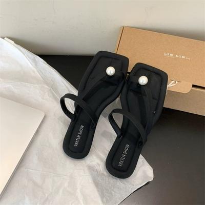 Летние женские шлепанцы с квадратным носком, щипающие пальцы, женская обувь на плоской подошве, жемчужная женская обувь, модные шлепанцы 2024, новые Zapatos Para Mujeres