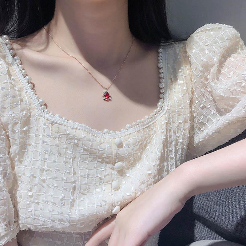 BELLA BOX Water Drop Shaped Ruby Gorgeous Elegant Pendant Necklace For Women Charm Wedding Engagement Gemstones Pearl Clavicle Chain Female Gifts