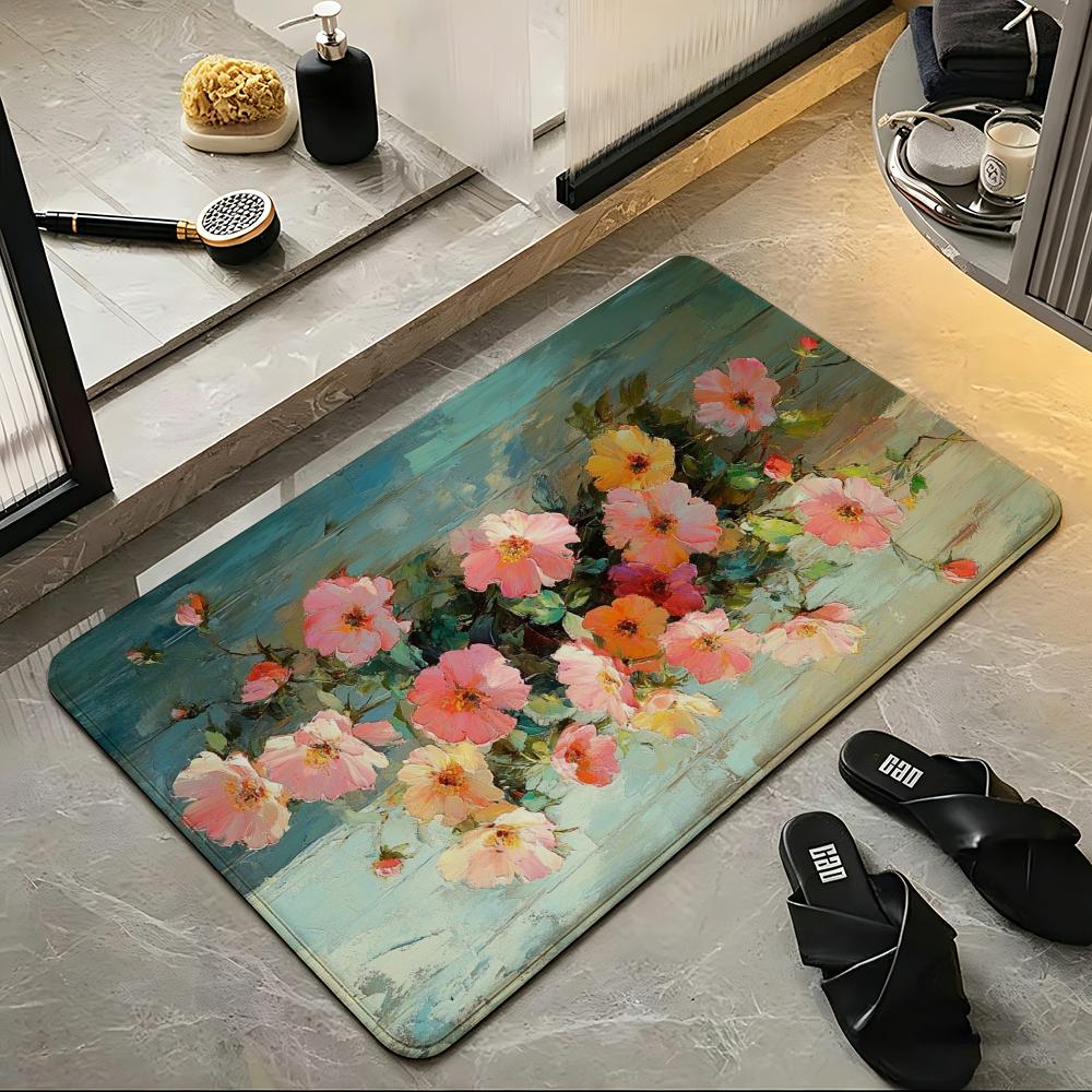 Art Gentle Oil Painting Flowers Floor Mat Soft Flannel Floor Mat Suitable for Entryways, Living Rooms, Bedrooms, and Bathrooms