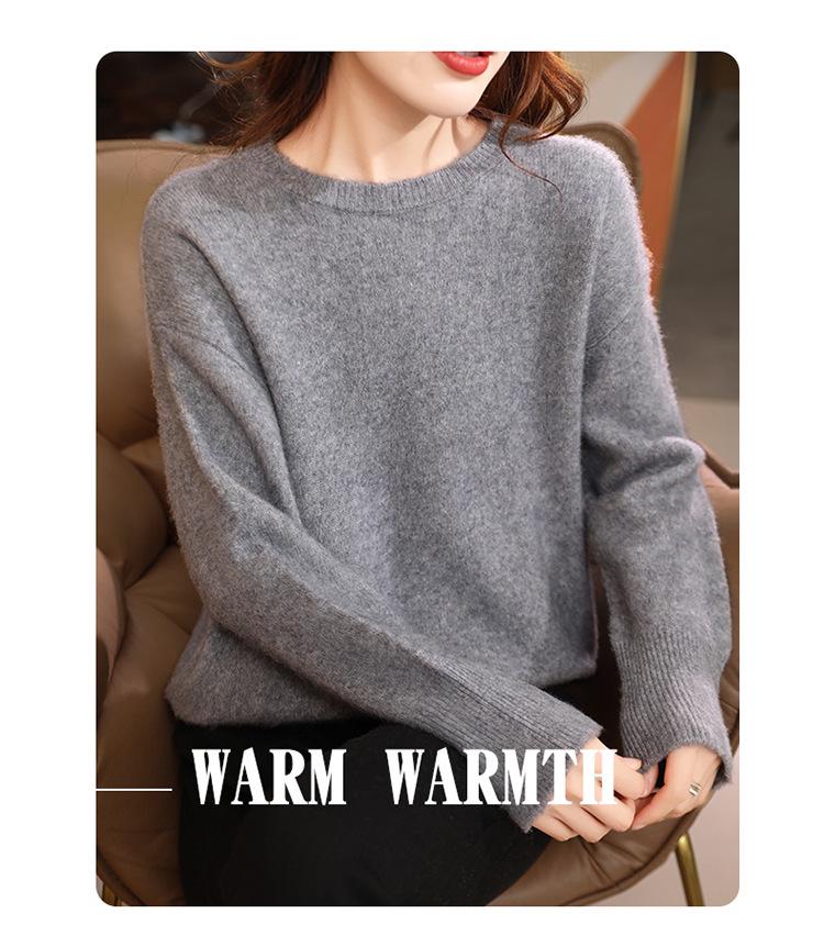 Gray Wool Knit Sweater: Women's Loose, Thick, Round Neck with Dropped Shoulders - Simple Korean Style for Autumn/Winter.