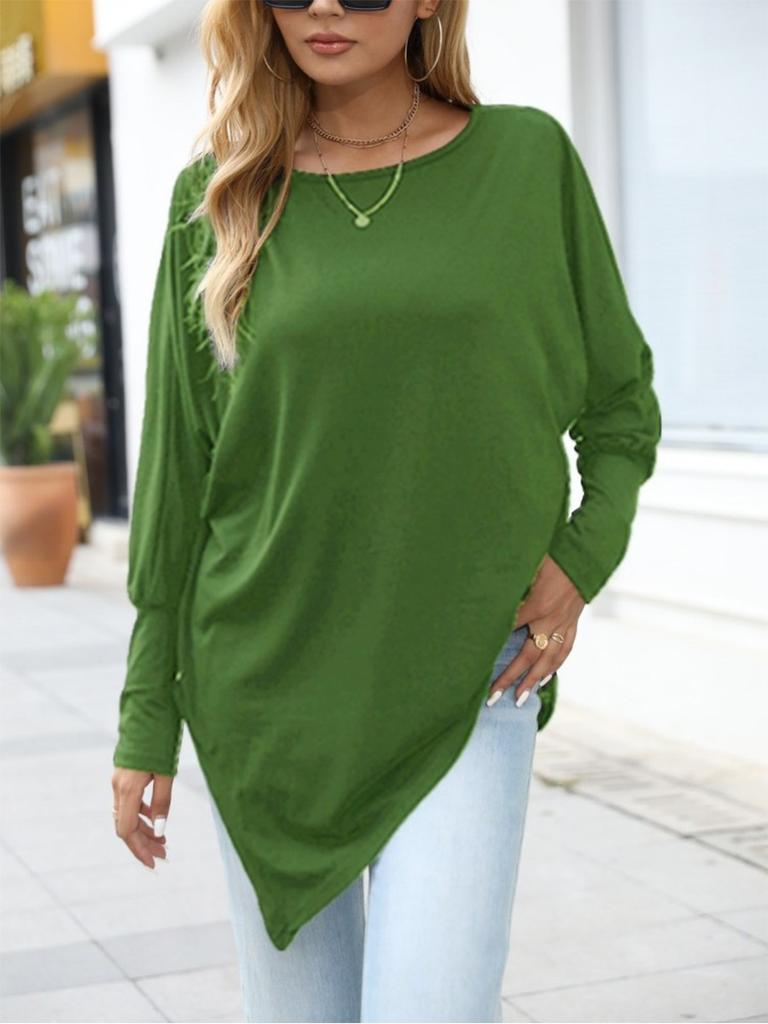 Women's Oversize Long-Sleeve Spring/Fall Asymmetrical Hem T-Shirt