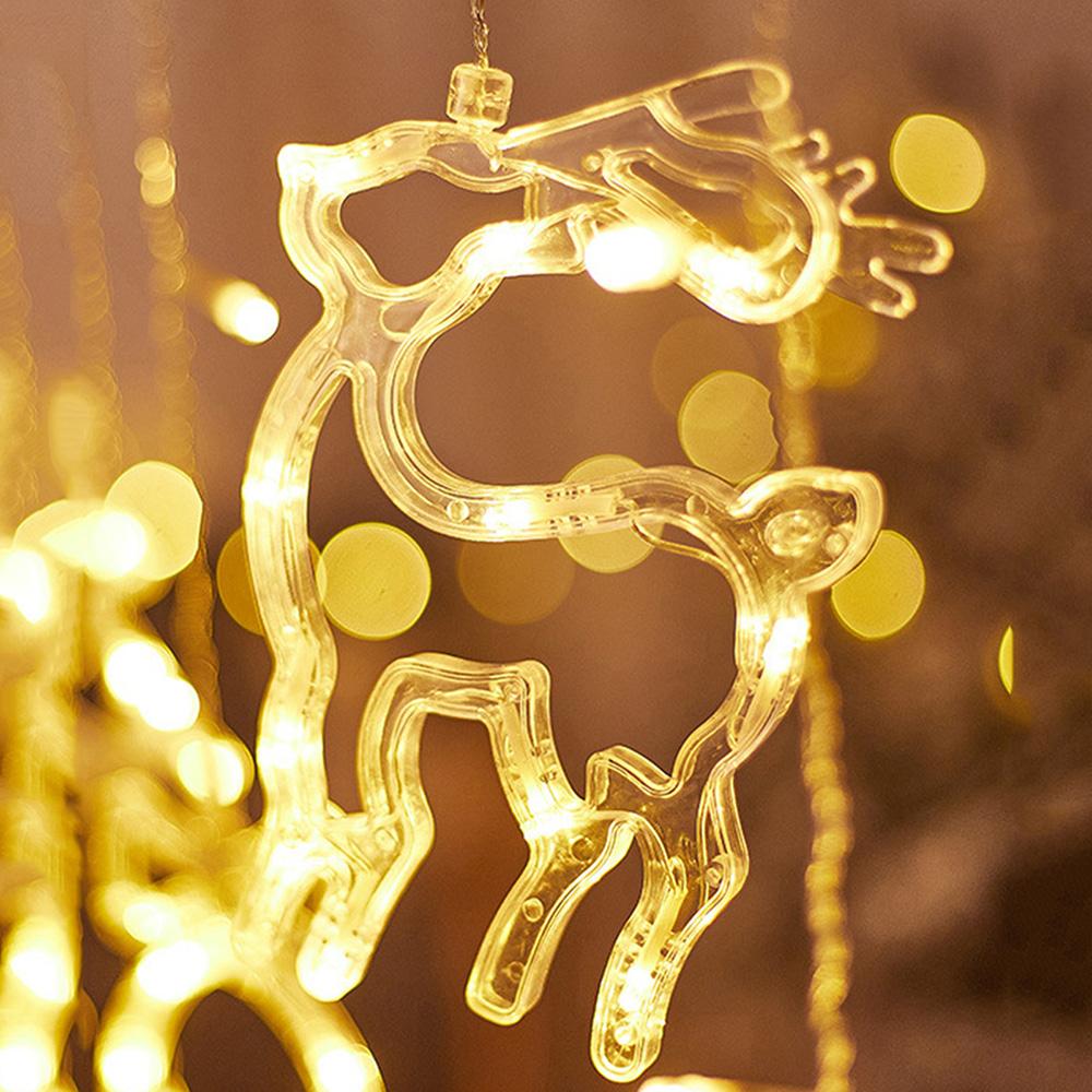 Рождественские занавески на окнах, гирлянды, колокольчики, деревья, олени, звезды, фонари, батарейки