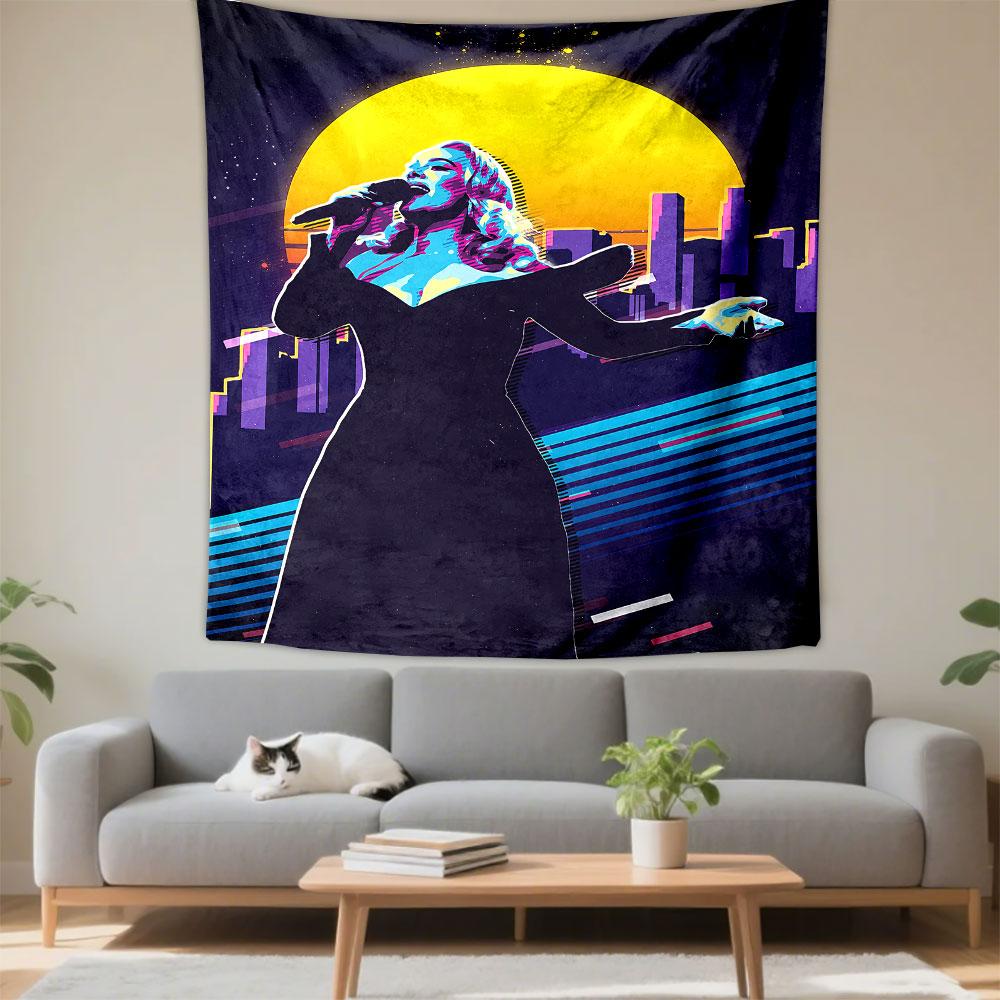 A vibrant singer silhouette against a glowing sun and stylized cityscape. Patterned tapestry for bedroom and living room home decor