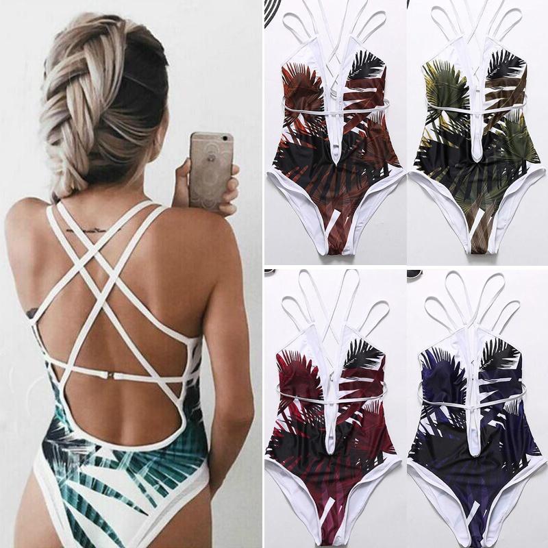 Women Elegant Floral Print Deep V Neck Backless Bandage Bathing One Piece Swimsuit