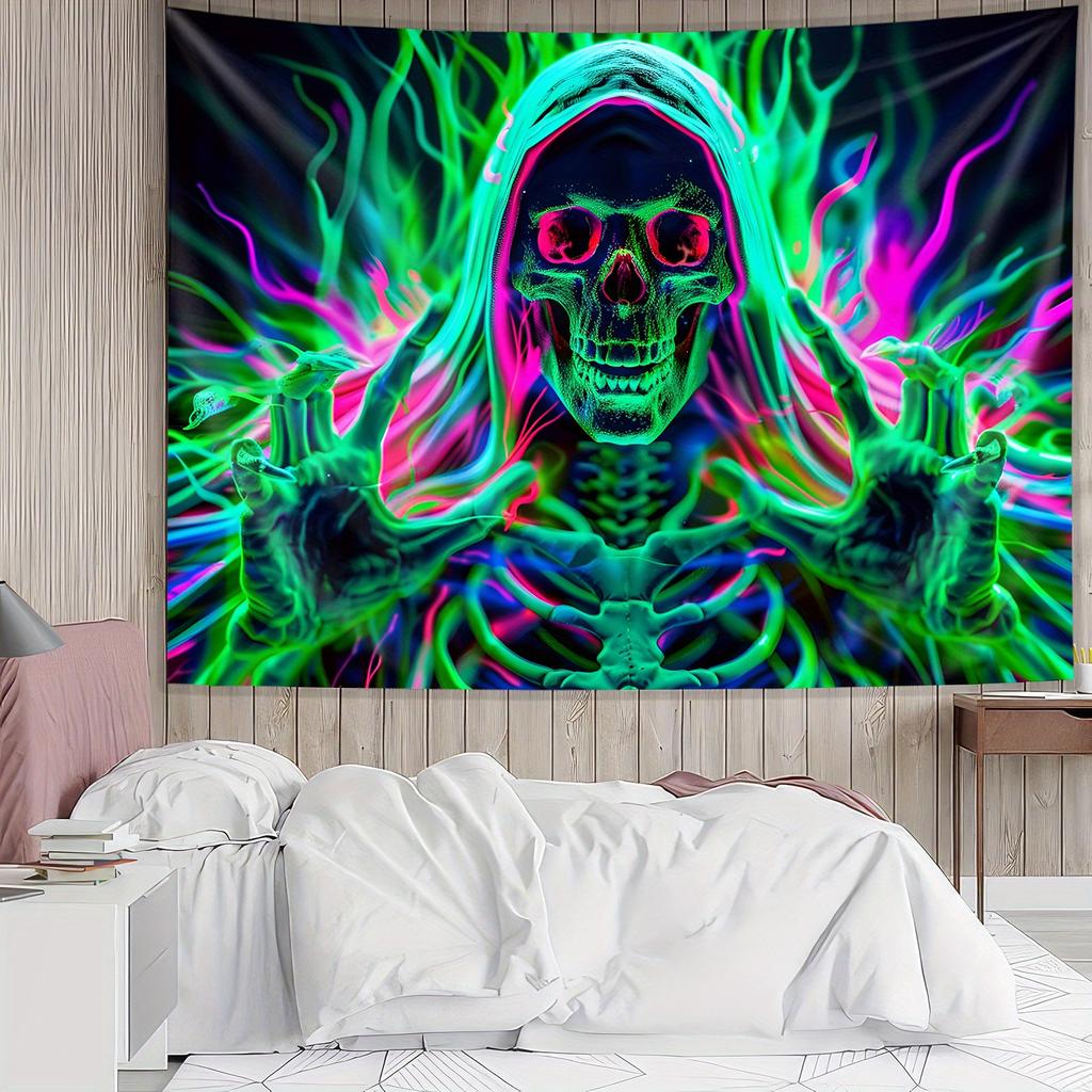 VIKAMA Neon Skull Tapestry Red Eye Hooded Colorful Bedroom Dormitory Gothic Decorative Art Wall Background