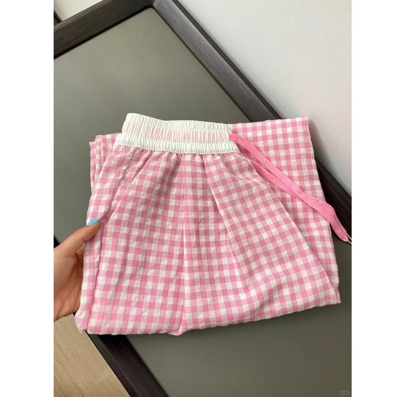 2025 Summer Women's Blue & White Check Fake Two-Piece Wide-Leg Casual Pants