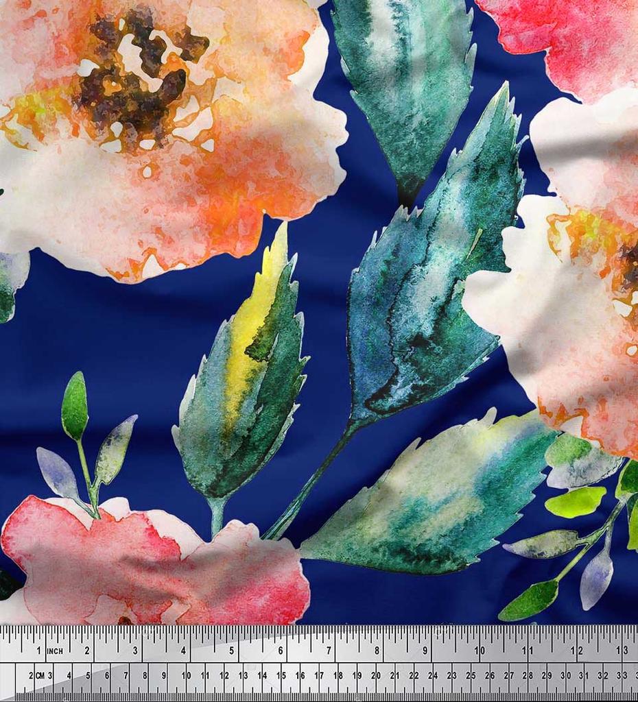 Soimoi Японский креп-атласная ткань с цветами и листьями, акварельный принт, швейная ткань, метр 42 дюйма