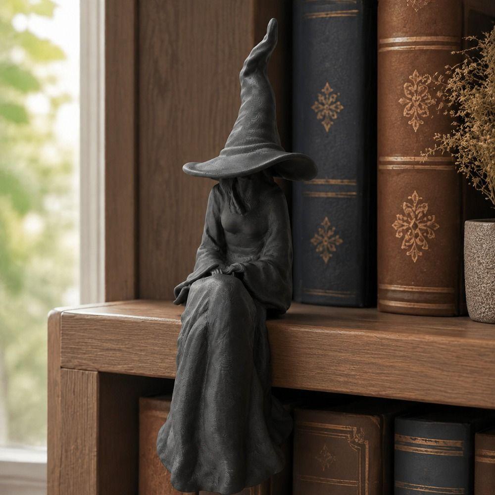 Black Sitting Witch Statue Plastic Spooky Bookshelf Ornament Faceless Witch Figurine Room Decor