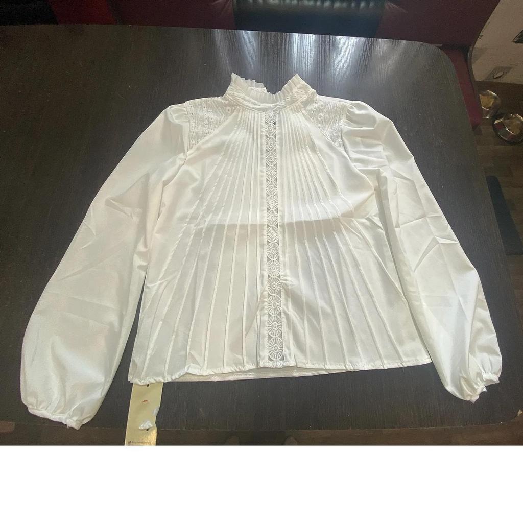 Рубашка весна-лето высокого класса Sense of White с рукавами-фонариками и воротником-стойкой для женщин