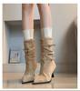 Pointed High-heeled Short Boots Women's 2025 New Autumn Retro Pleated Piled Boots Thin Heels Western Thin Boots
