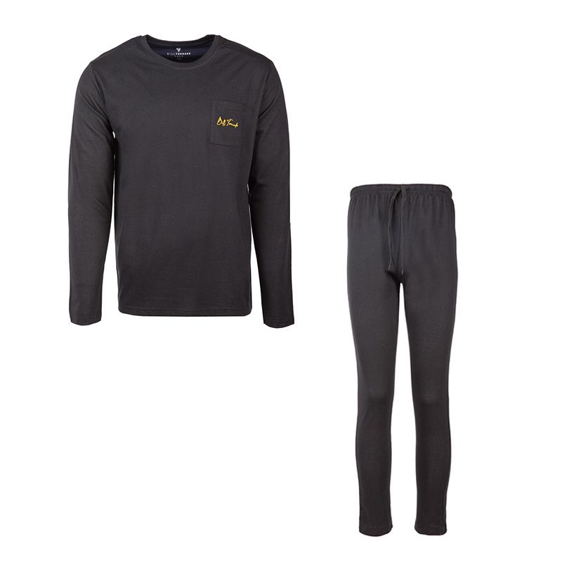 Men's Plain Pajama Set with Logo, Long Sleeves, Round Neck, 100% Cotton, BILL TORNADE