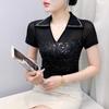 New Summer Women Turn-Down Collar Diamonds T-Shirts Glitter Sequined Slim Tops Shirts Femme Short Sleeve Tees