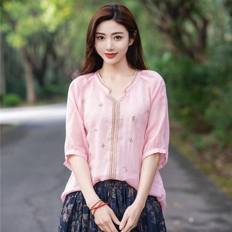 Хлопок Льняная вышитая рубашка Женская летняя рубашка-пуловер Ретро футболка Свободный топ с V-образным вырезом Блузки Рубашки