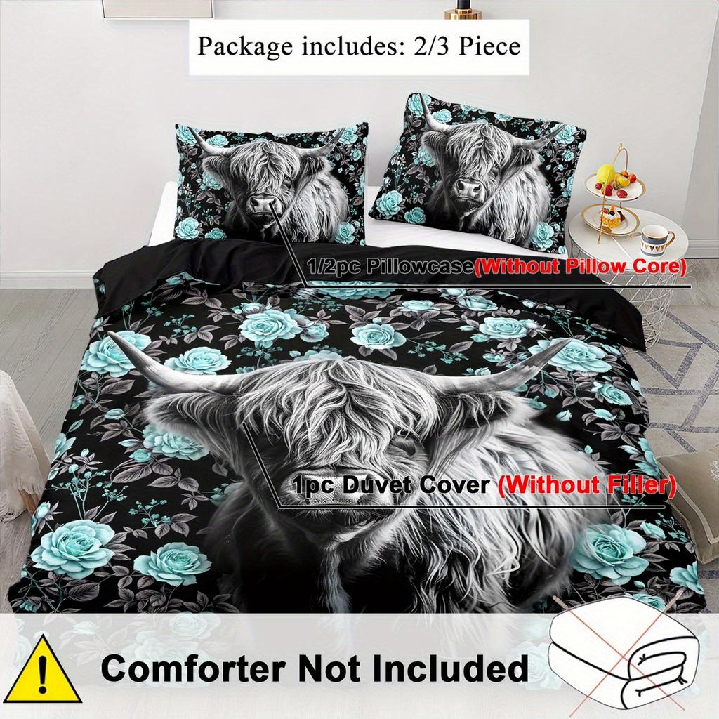 Highland Cow And Rose Pattern Duvet Cover Set Breathable, Sanded Polyester Fabric With Digital Animal Print, Zipper Closure