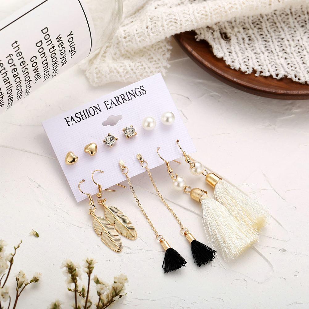 6 pairs Women Fashionable Bohemian Tassels Romantic Earrings Flower Pattern Earrings