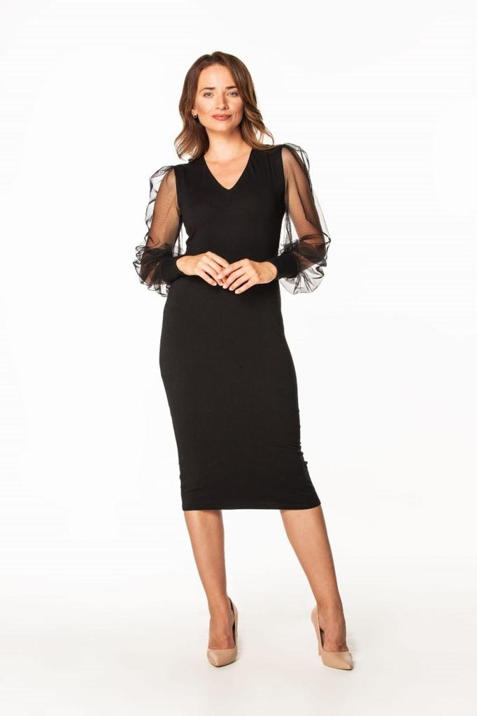 Knee-length dress with tulle sleeves T369 black 34