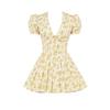 New European and American retro yellow floral dress deep V sexy short skirt strapped waist A-word skirt